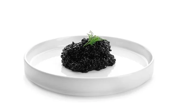 Caviar Noir Sur Plaque Sur Fond Blanc — Photo