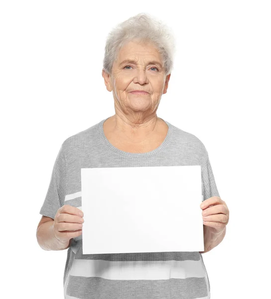 Senior Woman Blank Sheet Paper Advertising White Background — Stock Photo, Image