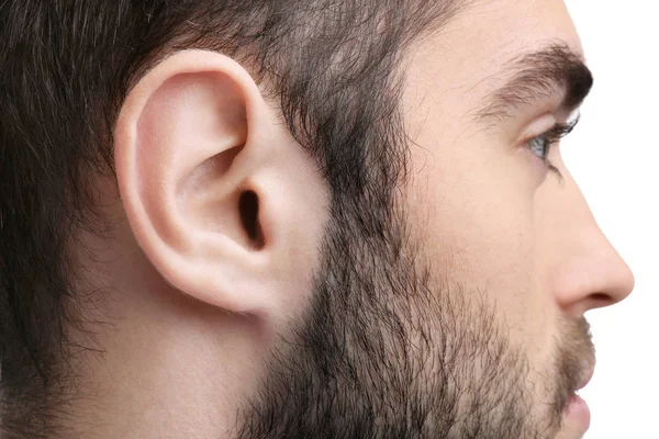 Young Man White Background Closeup Hearing Problem — Stock Photo, Image