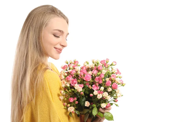 Mulher Bonita Com Buquê Rosas Fundo Branco — Fotografia de Stock