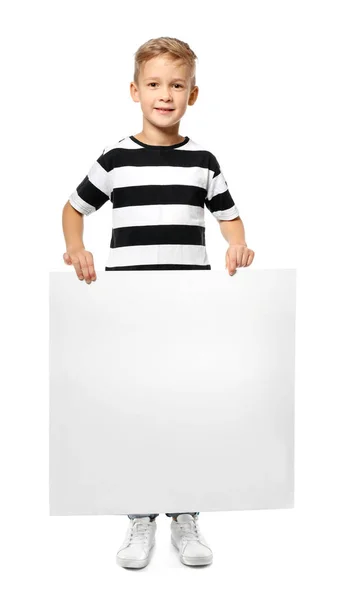 Cute boy with blank advertising board on white background — Stock Photo, Image