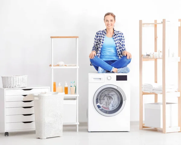 Young Woman Sitting Washing Machine Laundry Room — Stock Photo, Image