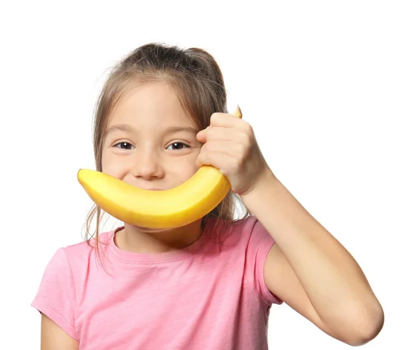 Αστεία Πορτρέτο Του Χαριτωμένο Μικρό Κορίτσι Μπανάνα Λευκό Φόντο — Φωτογραφία Αρχείου