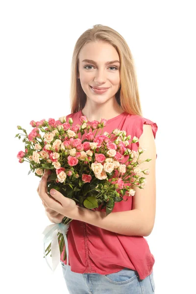 Hermosa Joven Con Ramo Rosas Sobre Fondo Blanco — Foto de Stock