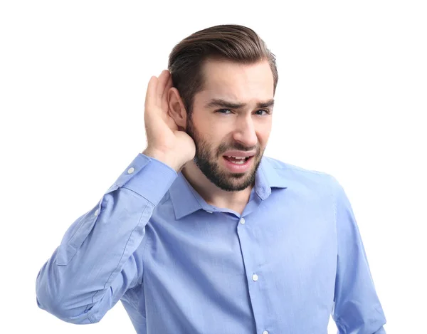 Mladý Muž Poruchou Sluchu Bílém Pozadí — Stock fotografie