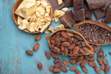 Ahşap arka plan, üstten görünüm üzerinde farklı kakao ürünleri