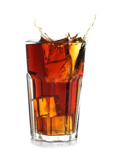 Splash of cola in glass on white background — Stock Photo, Image