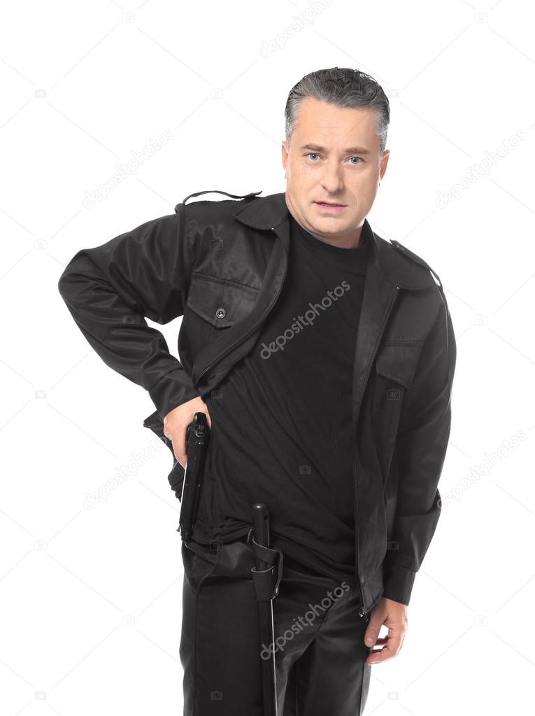 Male security guard with handgun on white background