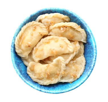 Beyaz arka planda lezzetli hamur tatlısı olan kase