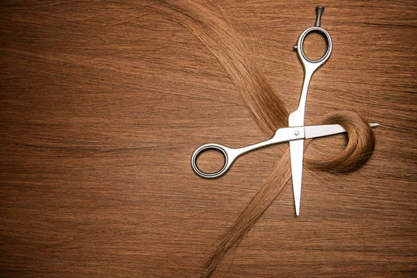 Professional hairdresser's scissors and strand on brown hair, top view — Stock Photo, Image