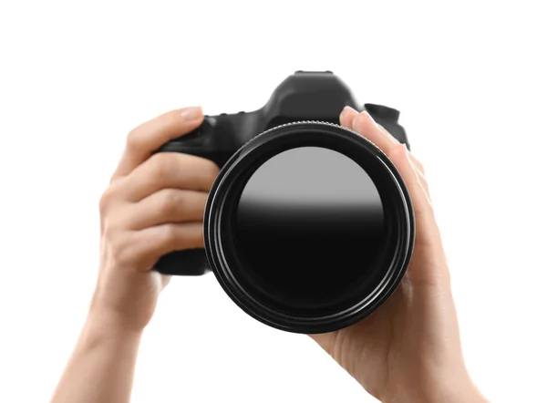 Fotógrafo segurando câmera profissional — Fotografia de Stock