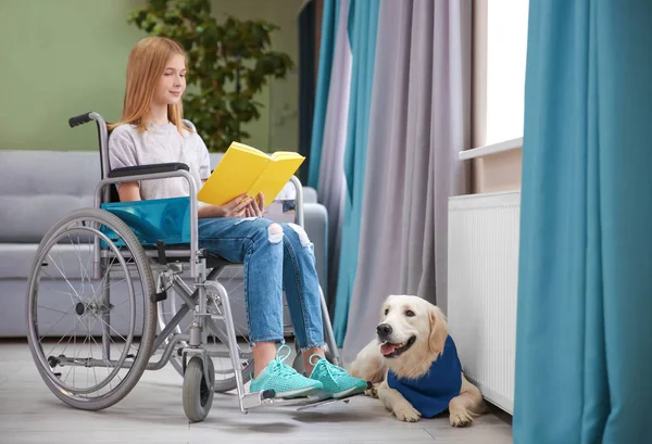 Девушка в инвалидной коляске читает книгу с собакой в помещении — стоковое фото