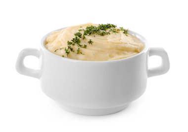 Beyaz arka plan üzerinde patates püresi ile çanak
