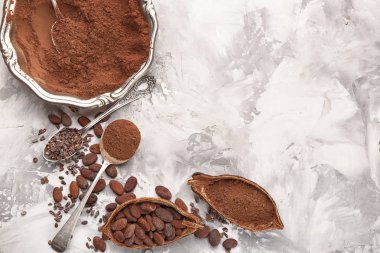 Gri arka plan, üstten görünüm üzerinde farklı kakao ürünleri ile kompozisyon