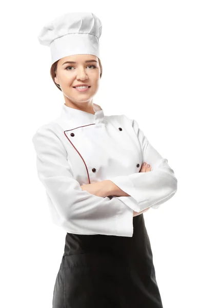 Retrato de chef feminino no fundo branco — Fotografia de Stock
