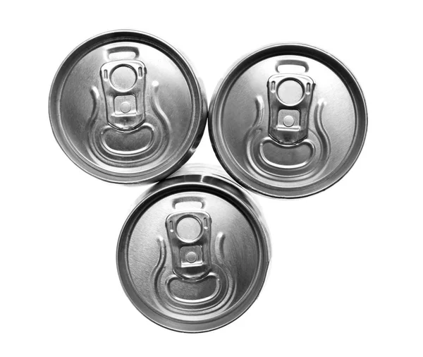 白い背景の上の 3 つのアルミ缶のトップ ビュー — ストック写真
