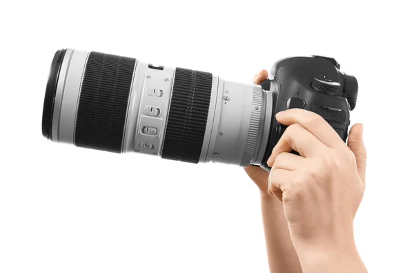Fotografo in possesso di fotocamera professionale — Foto Stock