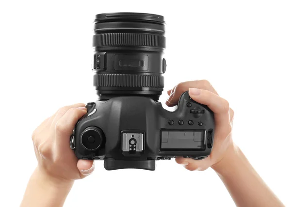 Photographer holding professional camera — Stock Photo, Image