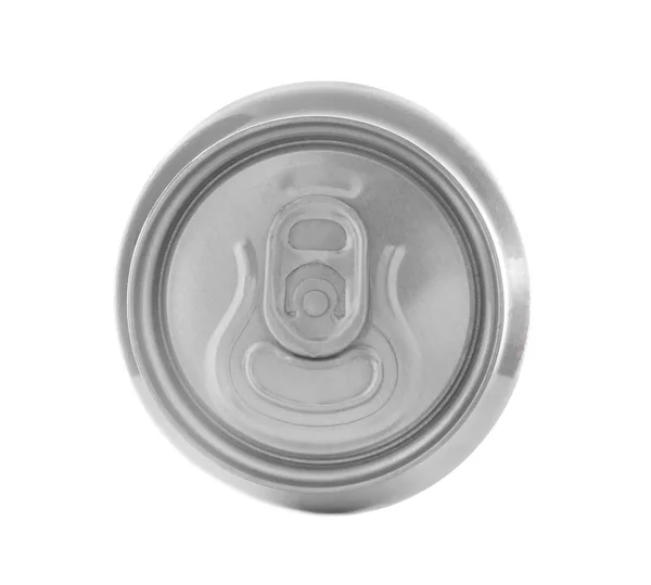 Vista superior da lata de alumínio no fundo branco — Fotografia de Stock