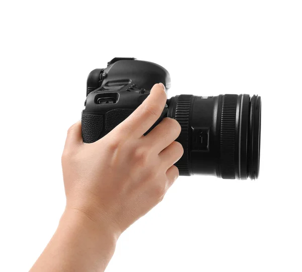 Fotograaf bedrijf professionele camera — Stockfoto