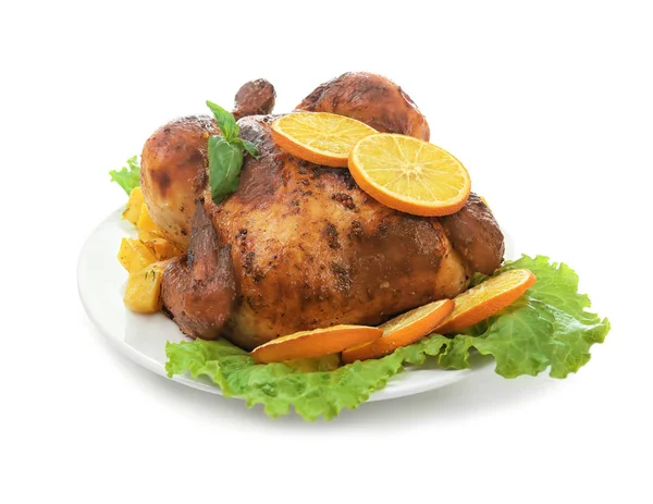 Piatto Con Delizioso Pollo Arrosto Intero Sfondo Bianco — Foto Stock