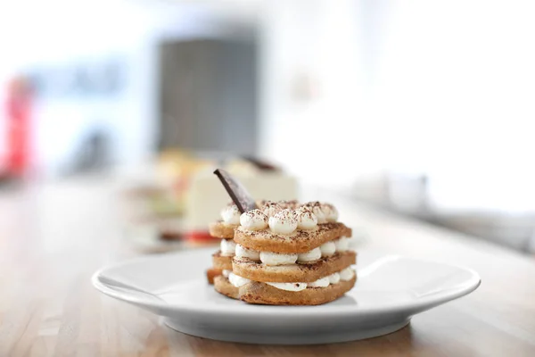 Plate with tasty dessert on table, closeup. Dish from chef — Stock Photo, Image