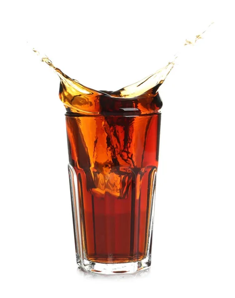 Splash of cola in glass on white background — Stock Photo, Image