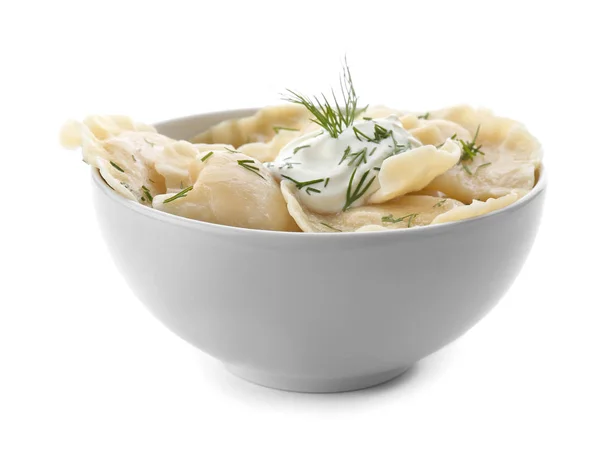 Bowl with tasty dumplings on white background — Stock Photo, Image