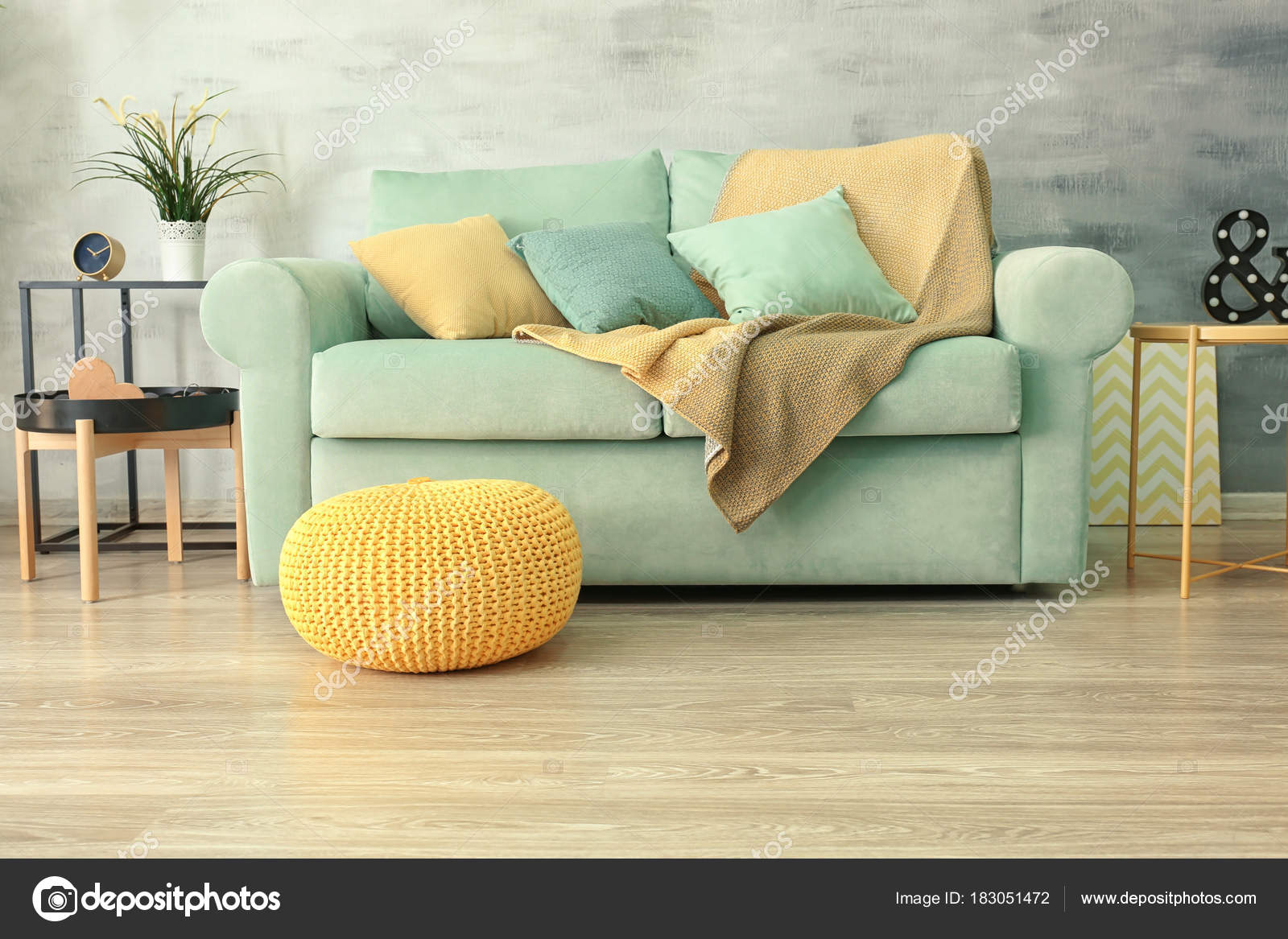 Living Room Interior With Comfortable Mint Couch Stock