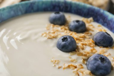 Yaban mersini ve yulaf gevreği, closeup ile yoğurt