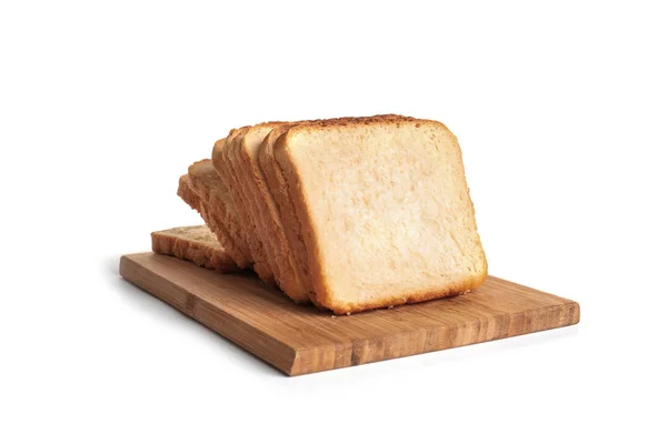 Tabla de madera con rebanadas de pan para brindar sobre fondo blanco — Foto de Stock