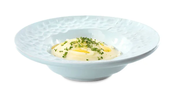 Plate with mashed potatoes on white background — Stock Photo, Image