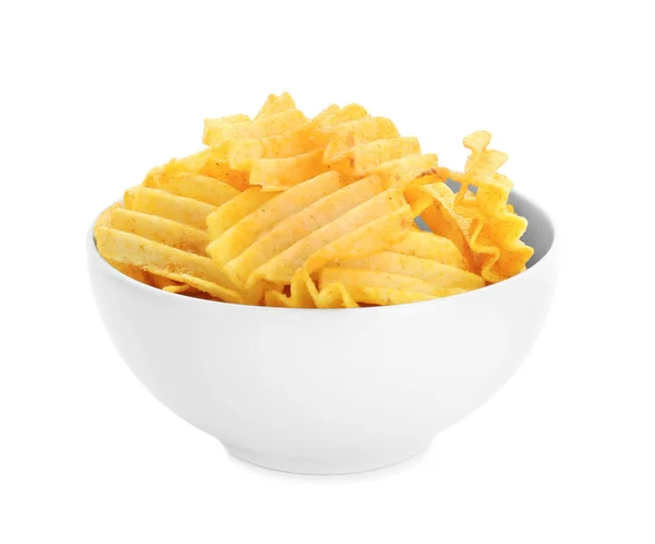 Potato chips in bowl on white background — Stock Photo, Image