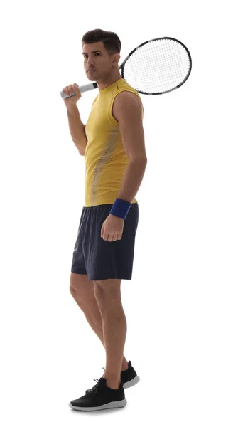 Porträt eines gutaussehenden Mannes beim Tennisspielen vor weißem Hintergrund — Stockfoto