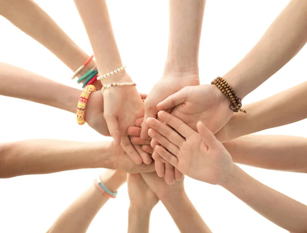 People putting hands together as symbol of unity — Stock Photo, Image