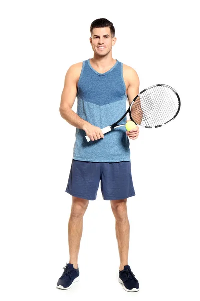 Retrato de homem bonito com raquete de tênis e bola contra fundo branco — Fotografia de Stock