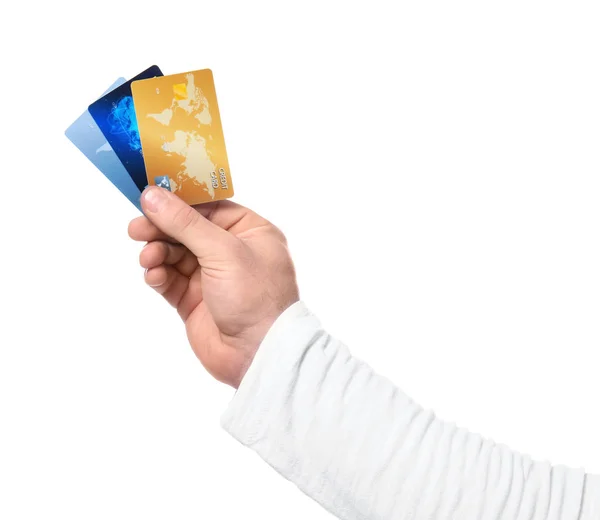 Homme tenant des cartes de crédit sur fond blanc — Photo