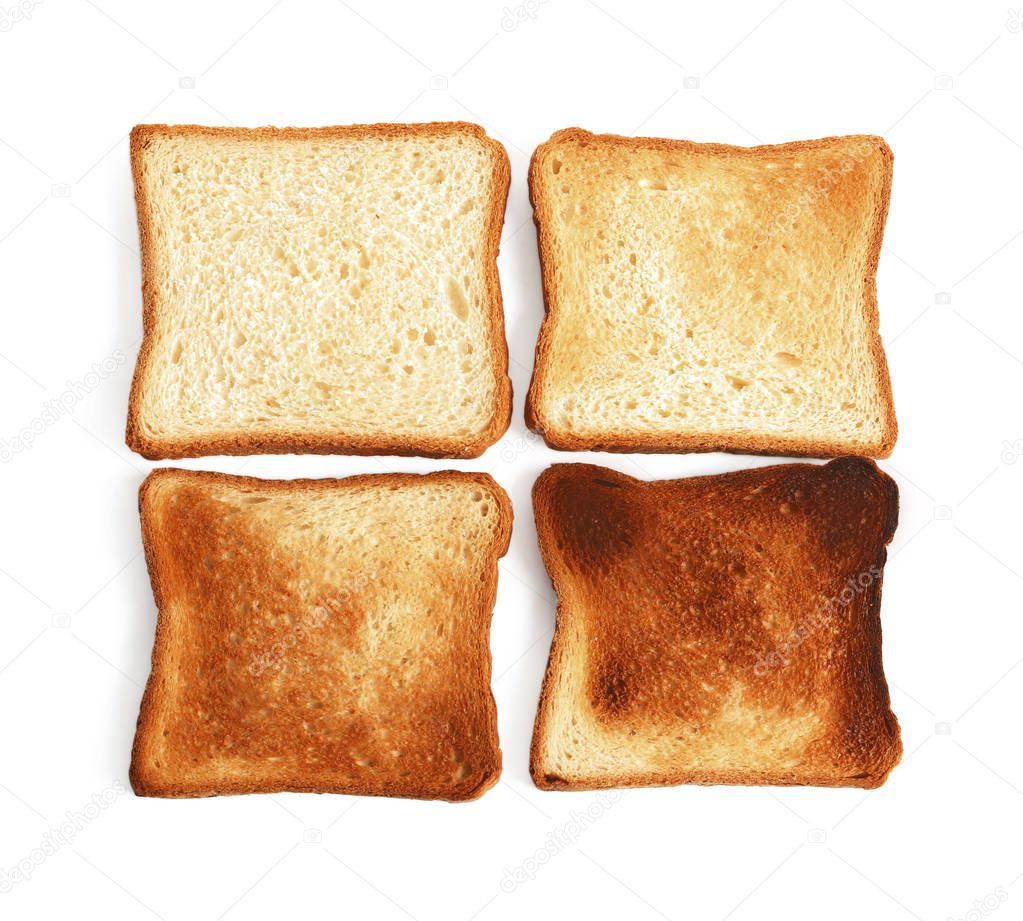 Top view of toasted bread slices isolated on white background