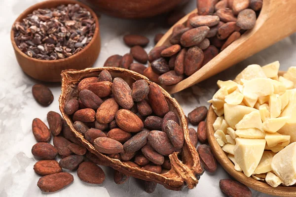 Verschiedene Kakaoprodukte auf hellem Hintergrund — Stockfoto