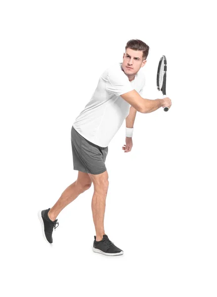 Porträt eines gutaussehenden Mannes beim Tennisspielen vor weißem Hintergrund — Stockfoto