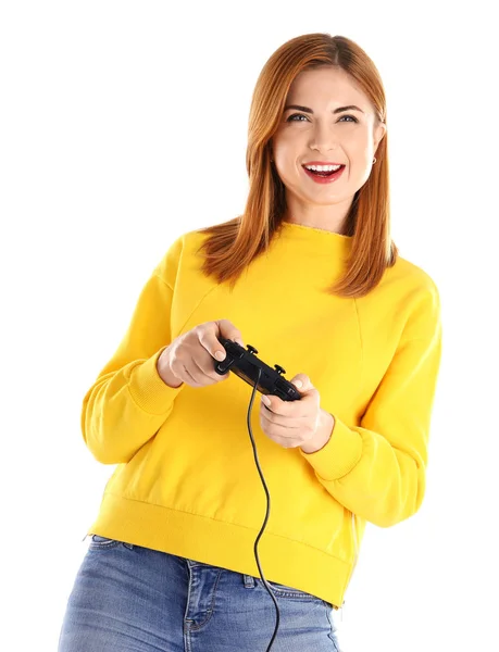 Glückliche Frau mit Videospiel-Controller auf weißem Hintergrund — Stockfoto