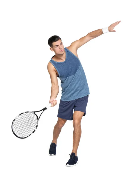 Retrato de homem bonito jogando tênis contra fundo branco — Fotografia de Stock