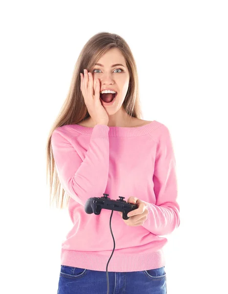 Mulher feliz com controlador de jogo de vídeo no fundo branco — Fotografia de Stock