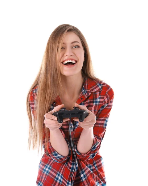 Glückliche Frau mit Videospiel-Controller auf weißem Hintergrund — Stockfoto