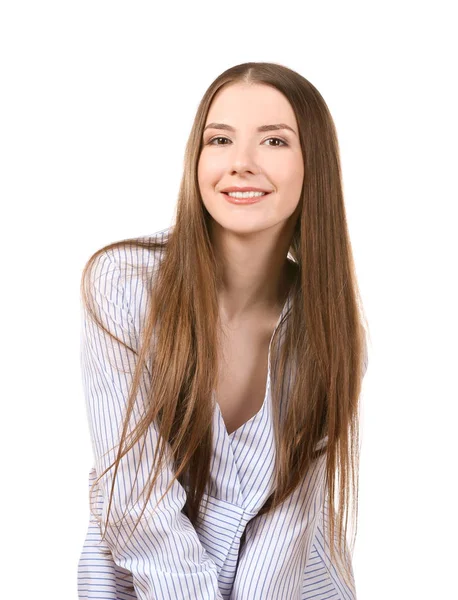 Portrait of beautiful smiling woman on white background — Stock Photo, Image