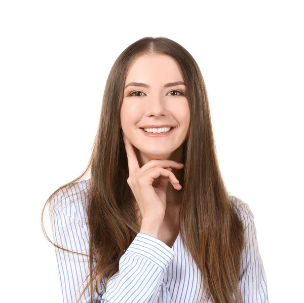 Portrait of beautiful smiling woman on white background — Stock Photo, Image