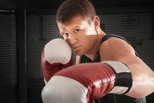 Spor salonunda genç yakışıklı boksör portresi — Stok fotoğraf