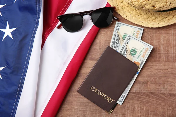 Passport with money and USA flag on table. American visa concept — Stock Photo, Image