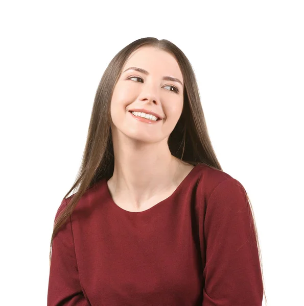 Portré gyönyörű mosolygós nő fehér háttér — Stock Fotó