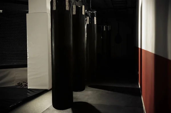 Интерьер современного тренажерного зала с боксерскими грушами — стоковое фото